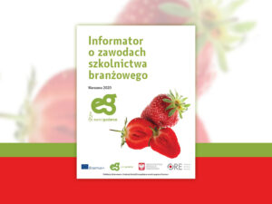 Okładka publikacji składa się z dużego napisu Informator o zawodach szkolnictwa branżowego w kolorze zielonym. Poniżej tytułu znajduje się napis Warszawa 2020. W dolnym prawym rogu umiejscowiona jest grafika czerwonej truskawki, obok logo projektu Eurodoradztwo Polska. Na dole znajdują się loga projektu Erasmus plus, Eurodoradztwo Polska, Ministerstwa Edukacji Narodowej i Ośrodka Rozwoju Edukacji. Pod logo jest informacja, że publikacja została sfinansowana z funduszy Komisji Europejskiej w ramach programu Erasmus plus.